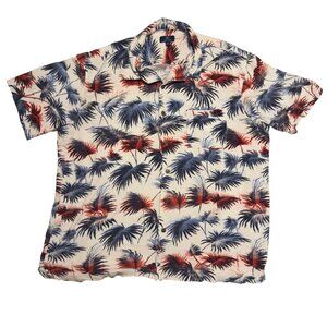 George Men's Size XL Short Sleeve Button Down Shirt Red, White, Blue Palm Leaf P